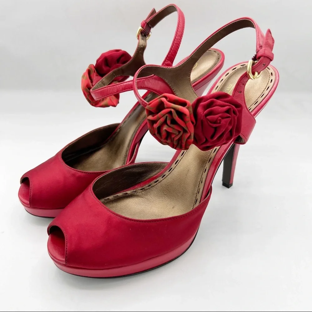 Coach Addysen Red Leather & Silk Rosette Heeled Peep Toe Shoes, Size 9.5B (Med)